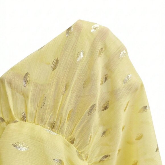 Yellow Elegant Women's Foil Print Blouse with Removable Ruffled Hem - Picture 7 of 7